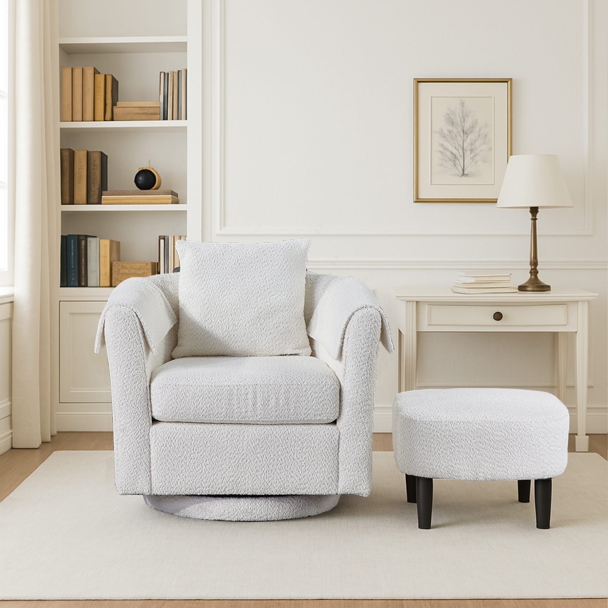 Swivel Accent Chair With Ottoman Set, Modern Chenille Barrel Armchair With Removable Back Pillow & 2 Armrest Covers For Living Room, Bedroom, Office, White_maomaolike.com